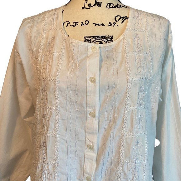 Orvis Women's White Button Up Top Size Petite XL Cotton Embroidered Boxy - Picture 5 of 8